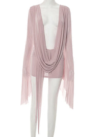 Flare-Sleeve Ruched Mesh Mini Dress
