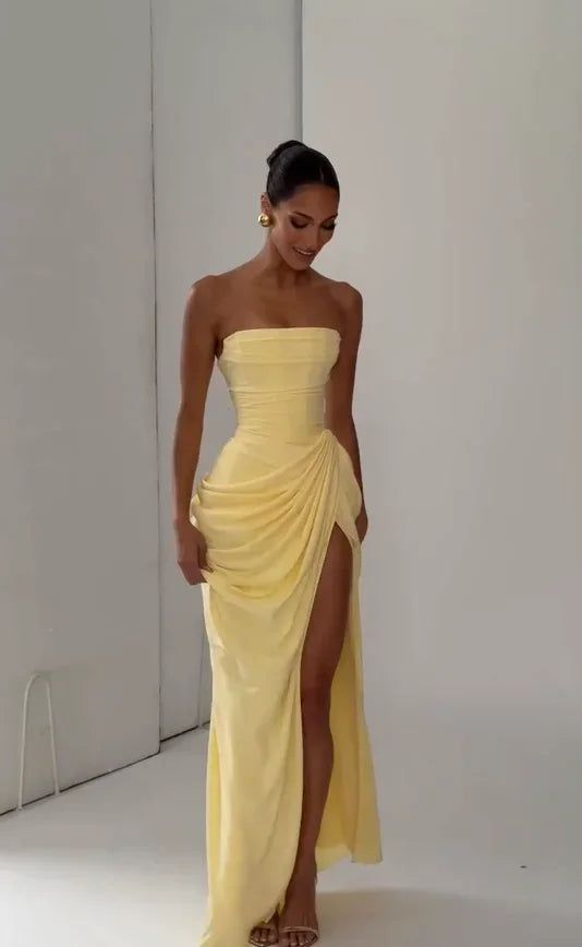 The Pleated Strapless Split Maxi Gown