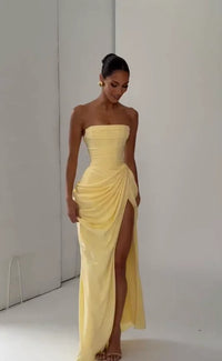 The Pleated Strapless Split Maxi Gown