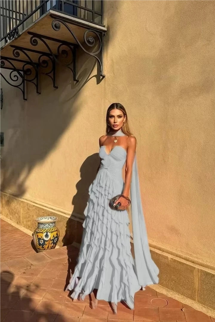 Tiered Ruffle Chiffon Ball Gown – Halter Sweetheart Prom Dress with Train