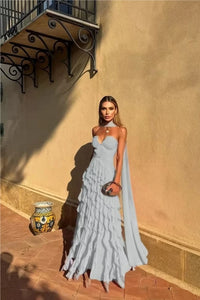 Tiered Ruffle Chiffon Ball Gown – Halter Sweetheart Prom Dress with Train