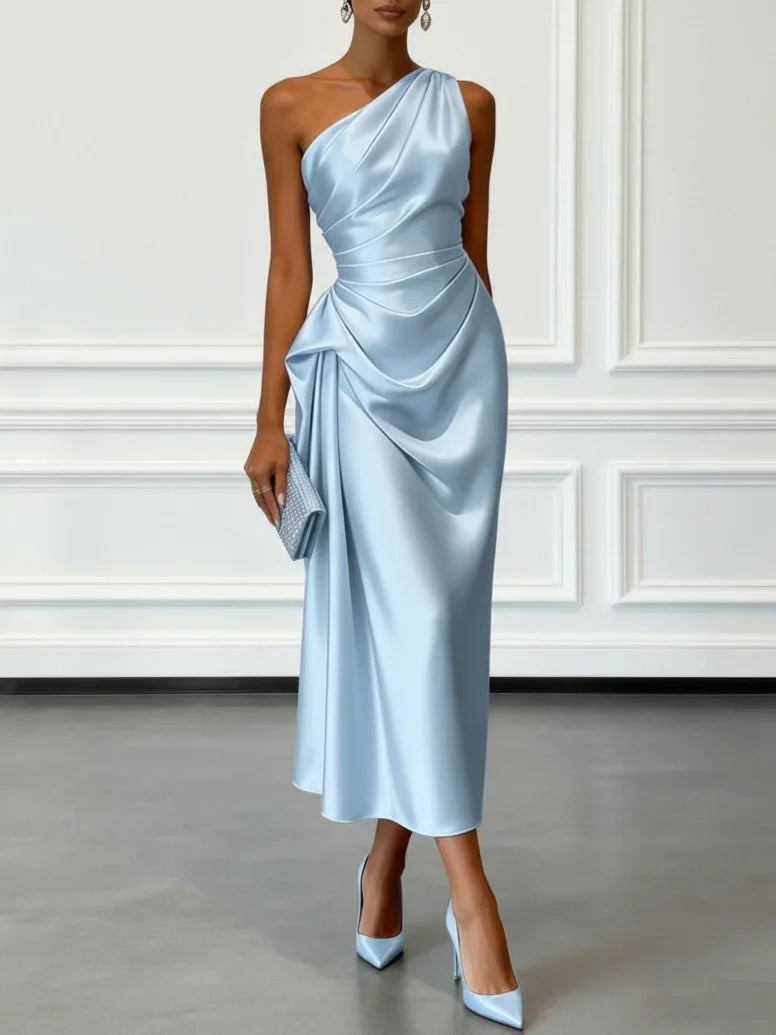 One-Shoulder Satin Ruched Midi Dress – Cocktail & Formal Dress