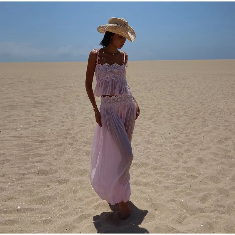 Women's Sheer Lace Backless Spaghetti Strap Top & Wide-Leg Pant Set – Beach Chic 2-Piece Suit