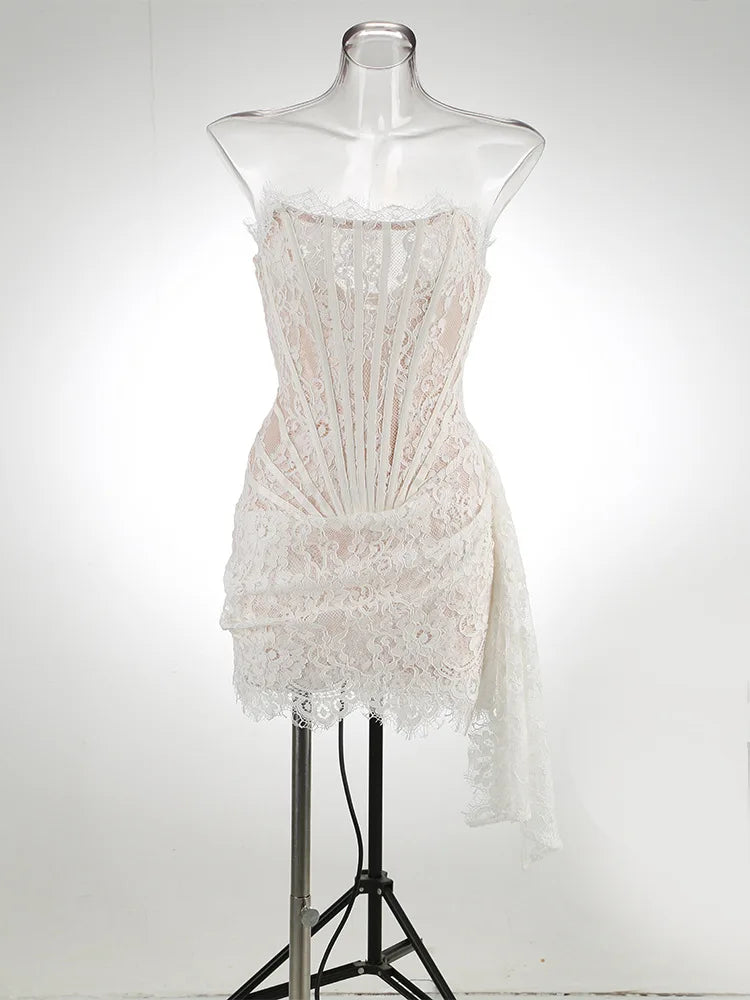 Sheer Lace Strapless Evening Dress