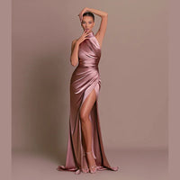 Back view of the retro satin halter maxi gown