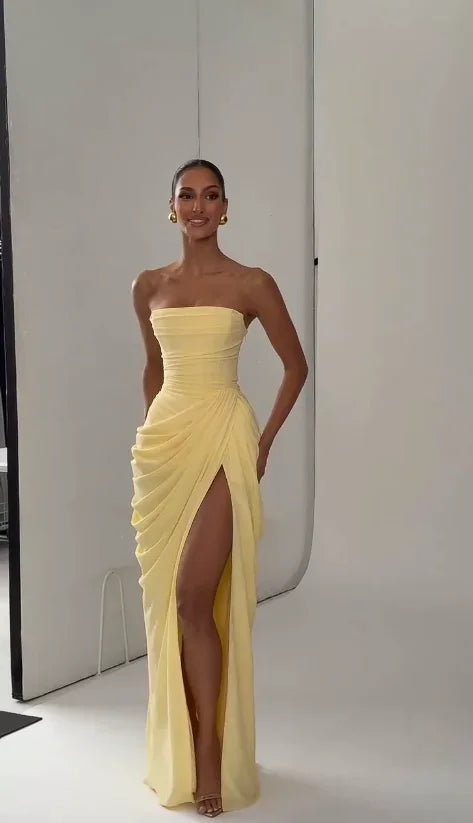 The Pleated Strapless Split Maxi Gown
