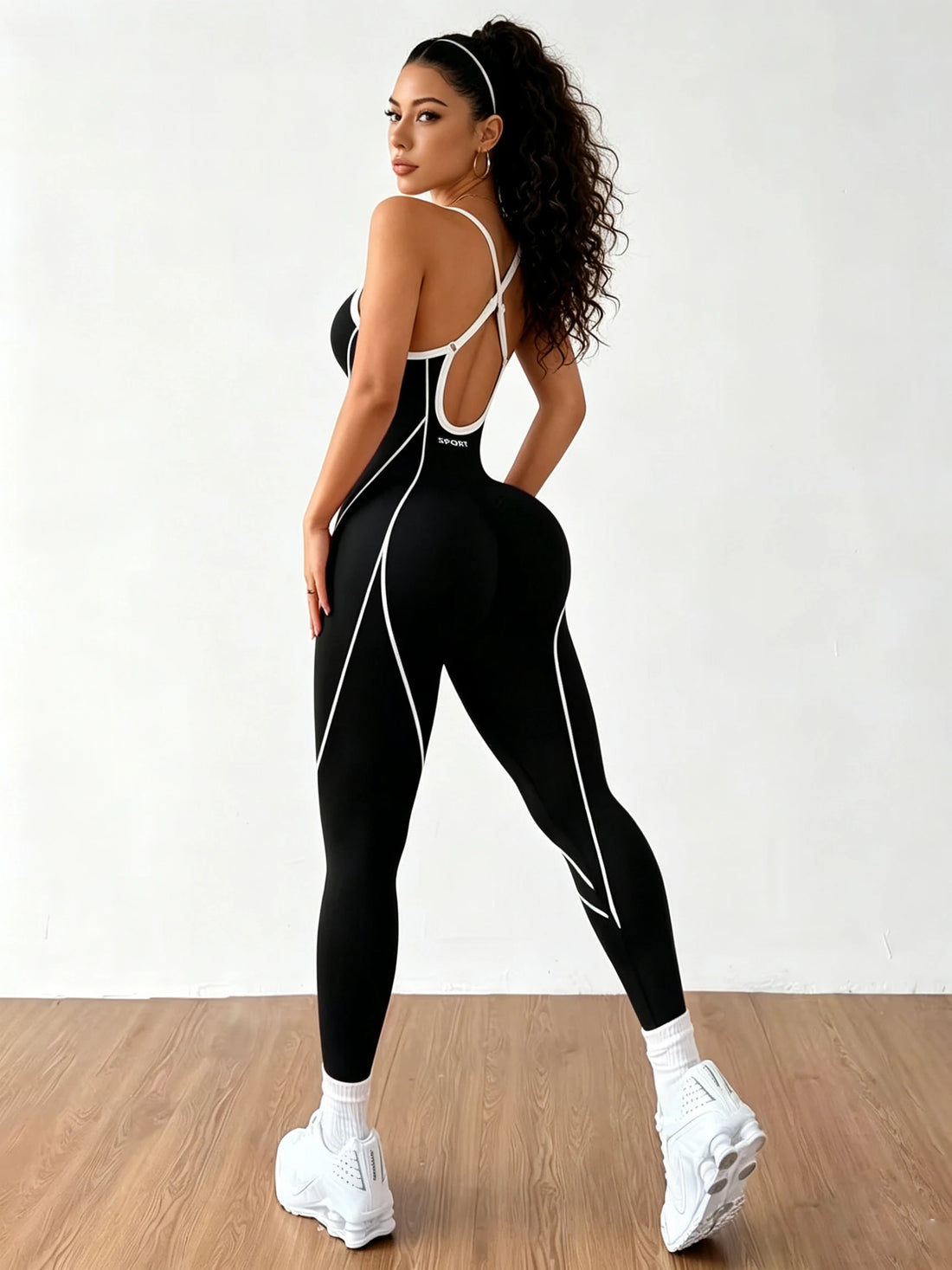Contrast-Piping Open-Back Yoga Jumpsuit