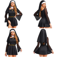 Womens Naughty Nun Evil Cosplay Costume And Coif O-ring Mesh Culottes Gothic Nun Maid Dress with Headscarf for Halloween Party