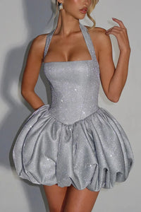 Silver Glitter Halter Bubble Hem Mini Dress – Holiday Party Dress