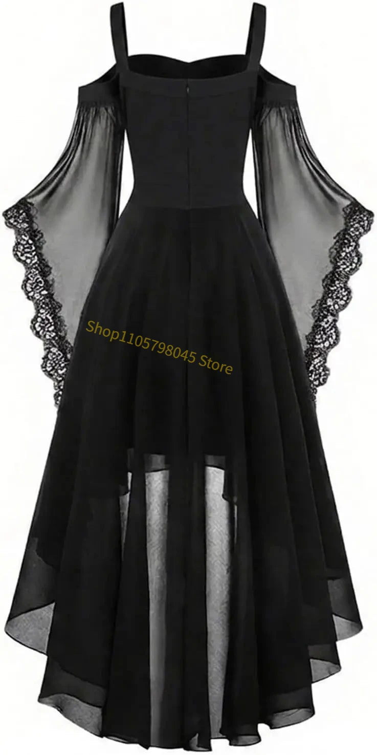 Women Medieval Gothic Vampire Witch Costume Butterfly Mesh Long Sleeve Irregular Hem Dress, For Halloween Carnival Theme Party