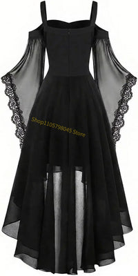 Women Medieval Gothic Vampire Witch Costume Butterfly Mesh Long Sleeve Irregular Hem Dress, For Halloween Carnival Theme Party