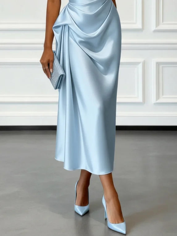 One-Shoulder Satin Ruched Midi Dress – Cocktail & Formal Dress