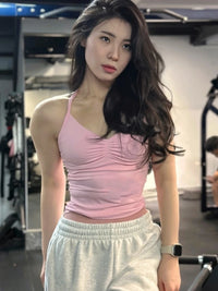 No Logo Seamless Longline Strappy Gym Top Backless Gym Clothes Women Scrunch Built-in Bra With Removable Cups Yoga Tank Tops