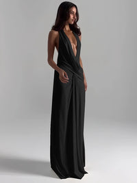 Sisterlinda Sexy High Splits Long Dress Women Halter Deep V-Neck Backless Sleeveless Summer Pool Party Ruched Elegant Vestidos