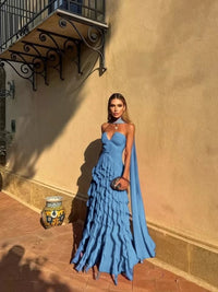 Tiered Ruffle Chiffon Ball Gown – Halter Sweetheart Prom Dress with Train