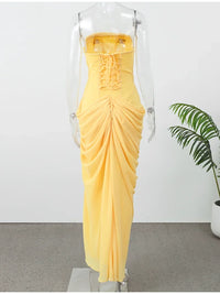 The Pleated Strapless Split Maxi Gown