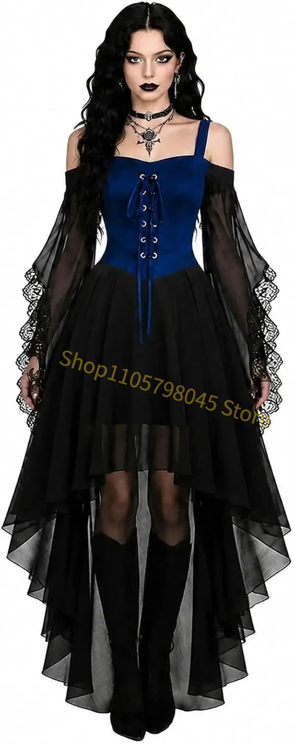 Women Medieval Gothic Vampire Witch Costume Butterfly Mesh Long Sleeve Irregular Hem Dress, For Halloween Carnival Theme Party