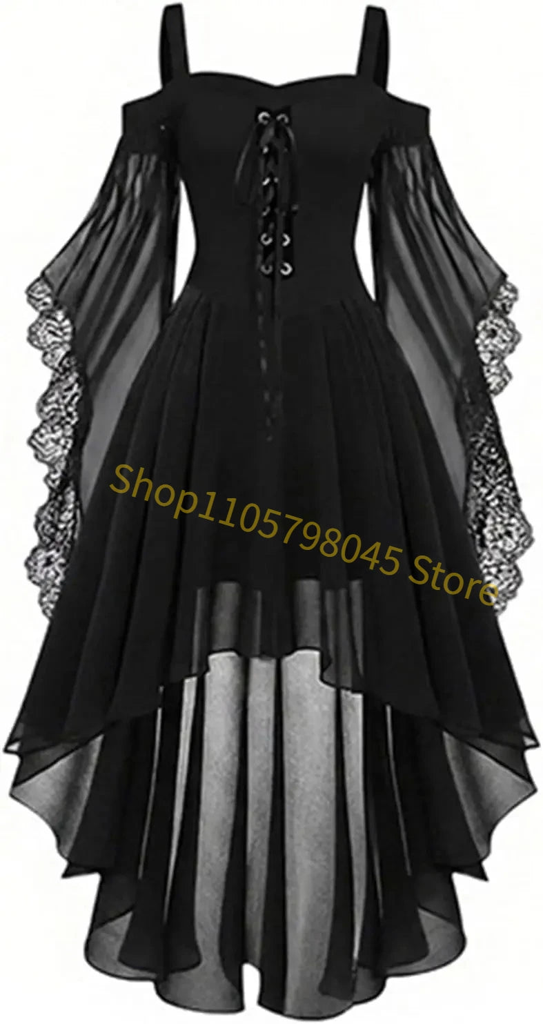 Women Medieval Gothic Vampire Witch Costume Butterfly Mesh Long Sleeve Irregular Hem Dress, For Halloween Carnival Theme Party