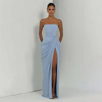 The Pleated Strapless Split Maxi Gown