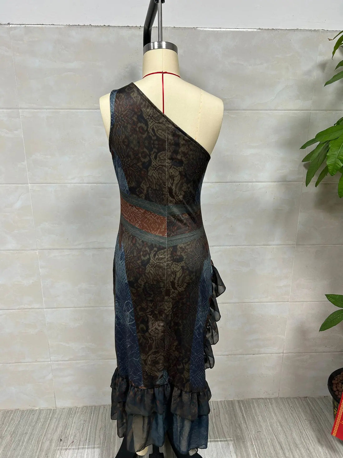 2026 New Retro Print Ruched High Split Ruffle Hem Long Dresses Woman Spring Sexy One Shoulder Slim Summer Party Boho Maxi Dress