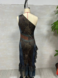 2026 New Retro Print Ruched High Split Ruffle Hem Long Dresses Woman Spring Sexy One Shoulder Slim Summer Party Boho Maxi Dress