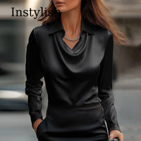 Satin V-Neck Blouse – Long Sleeve Loose Faux-Silk Shirt
