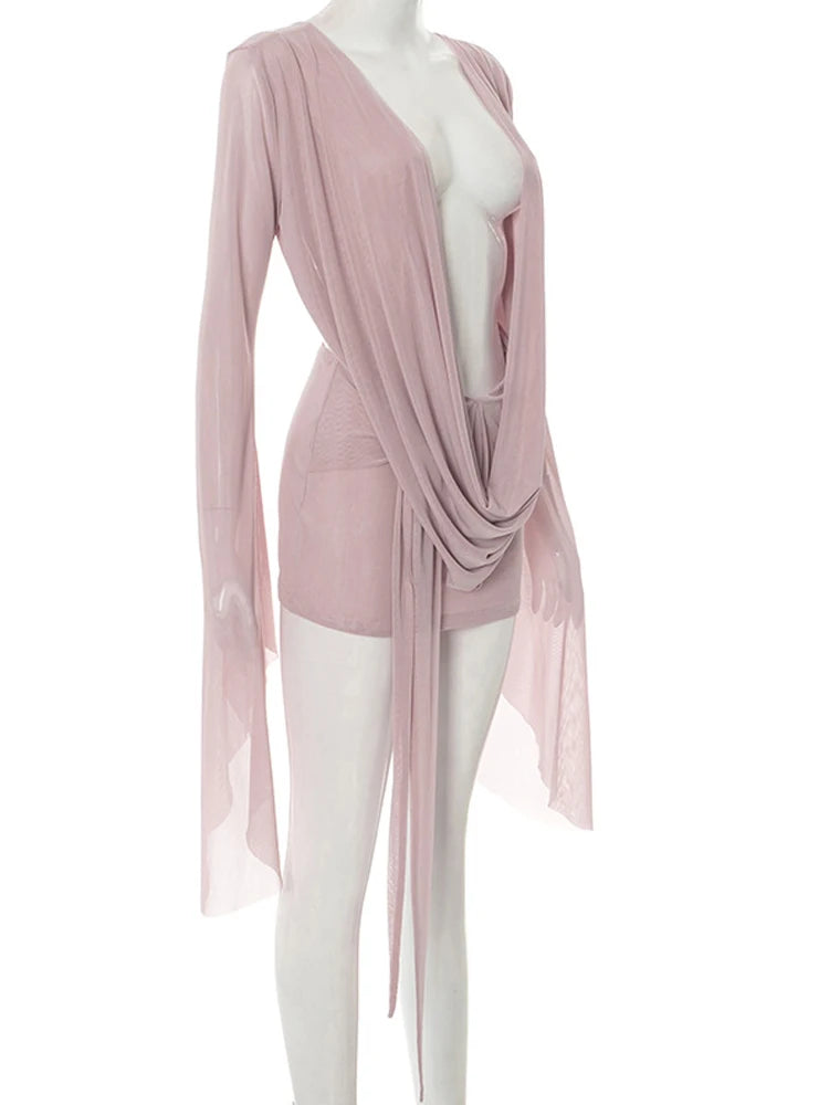 Flare-Sleeve Ruched Mesh Mini Dress