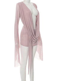Flare-Sleeve Ruched Mesh Mini Dress