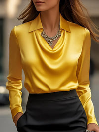 Satin V-Neck Blouse – Long Sleeve Loose Faux-Silk Shirt