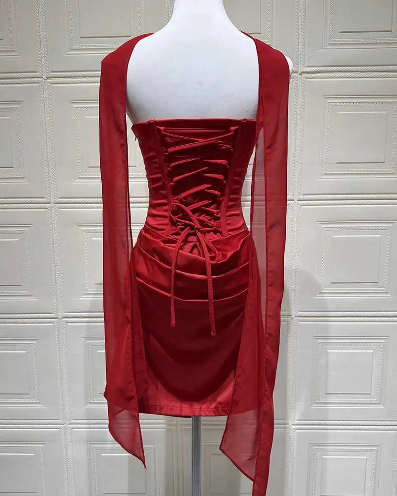 Red Strapless Corset Satin Mini Dress with Choker