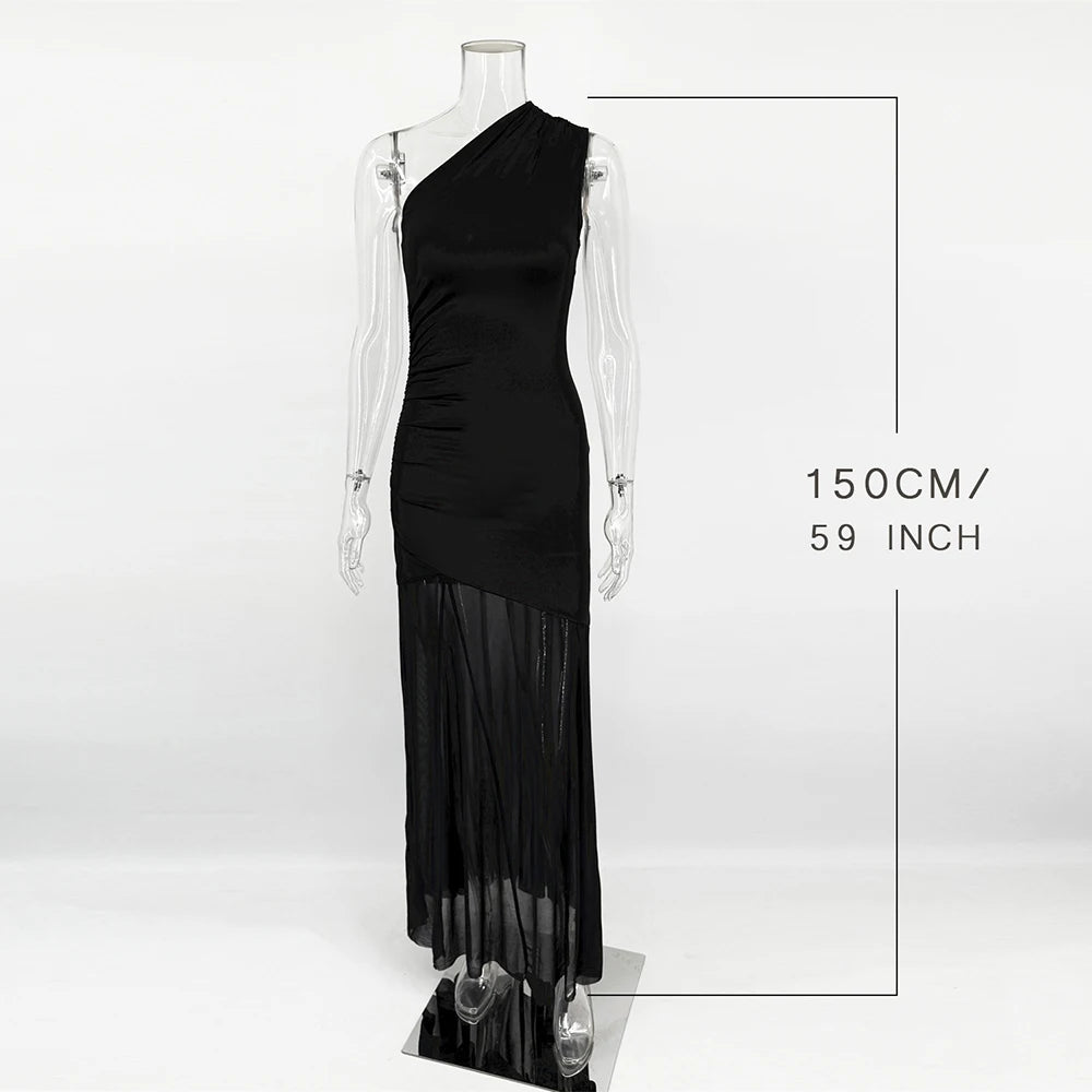 Ticketsx Off Shoulder See Through Dress Solid High Waist Patchwork Backless Slim Long Dress Women Vacation Party Evening Dresses
