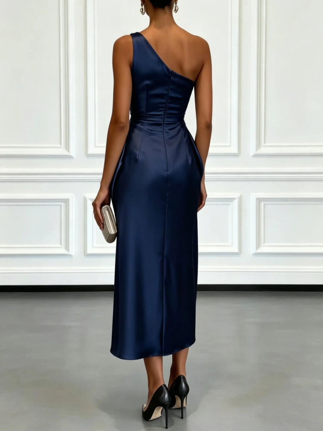 One-Shoulder Satin Ruched Midi Dress – Cocktail & Formal Dress