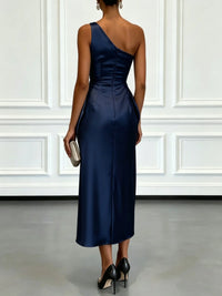 One-Shoulder Satin Ruched Midi Dress – Cocktail & Formal Dress