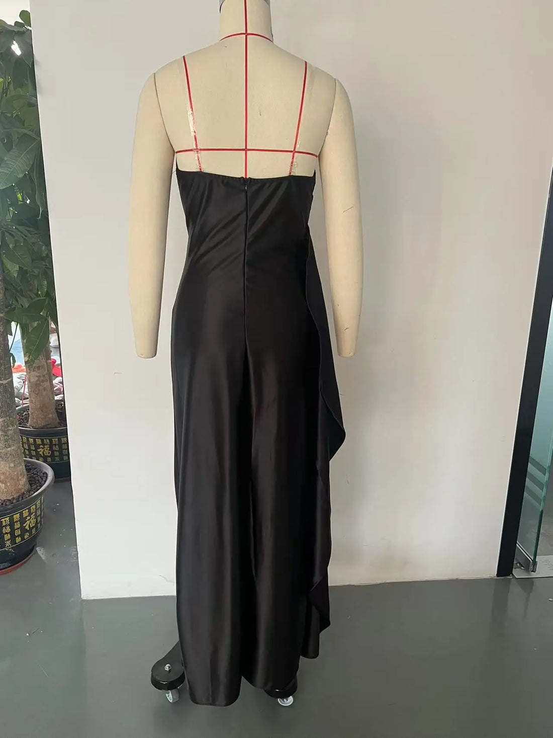 Satin Spaghetti Strap Maxi Dress – V-Neck Ruched High-Slit Gown