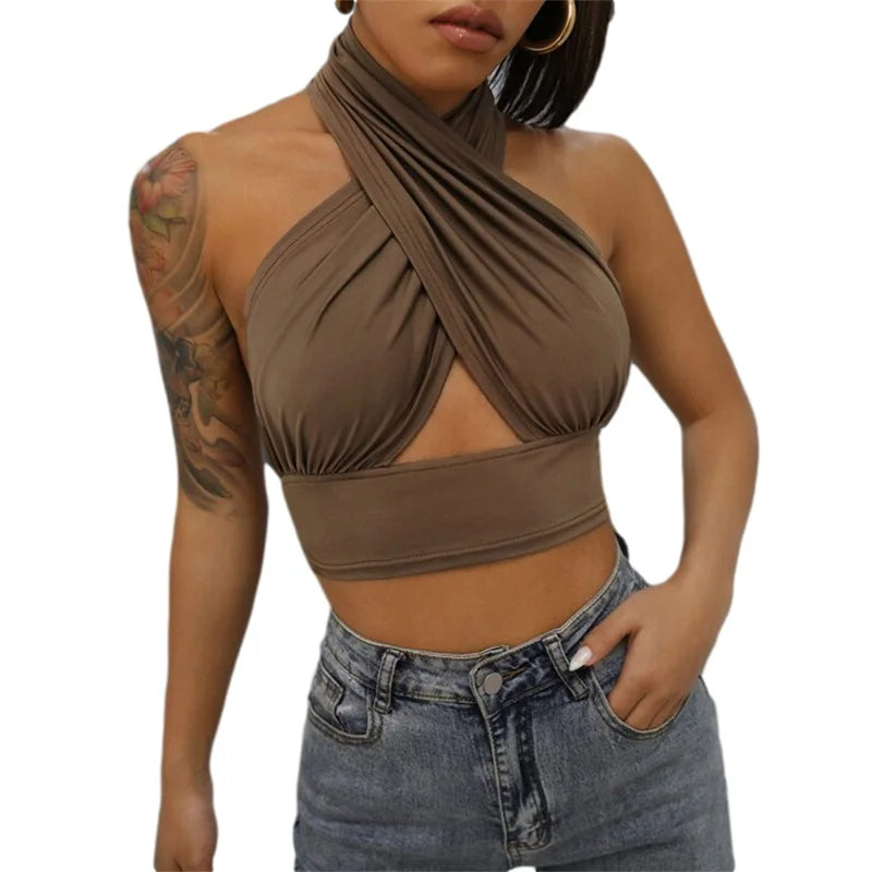 y2k Halter Top Women Summer Clothes Solid Color Sleeveless Backless Vest T Shirt 2000s Aesthetic Clothing Streetwear
