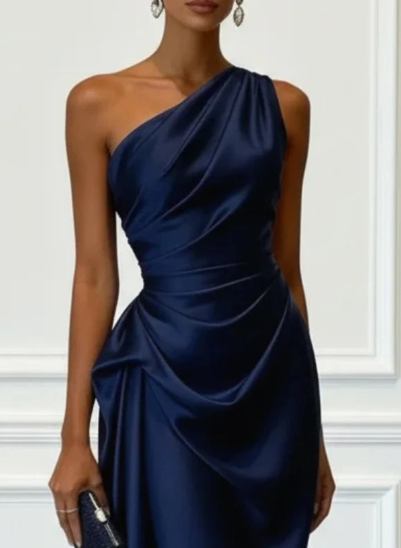 One-Shoulder Satin Ruched Midi Dress – Cocktail & Formal Dress