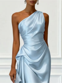 One-Shoulder Satin Ruched Midi Dress – Cocktail & Formal Dress