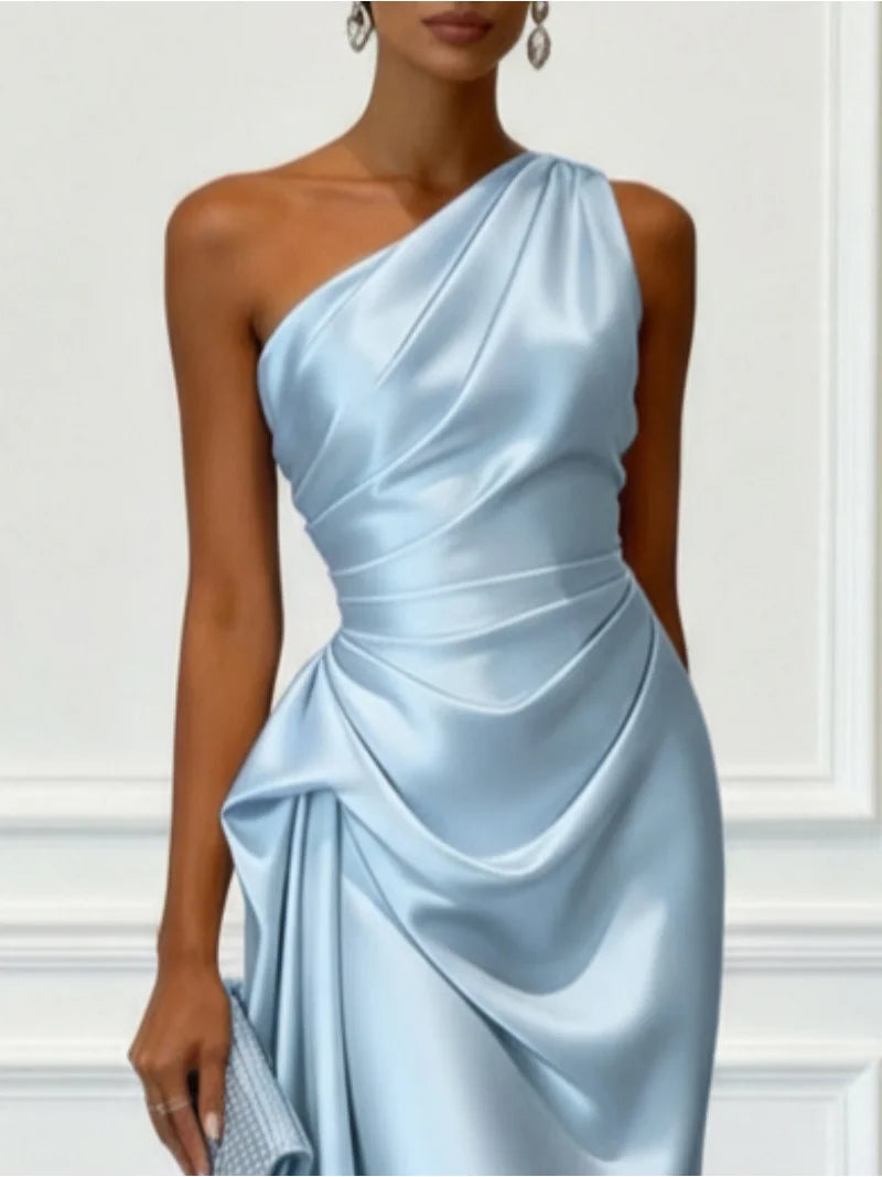 One-Shoulder Satin Ruched Midi Dress – Cocktail & Formal Dress