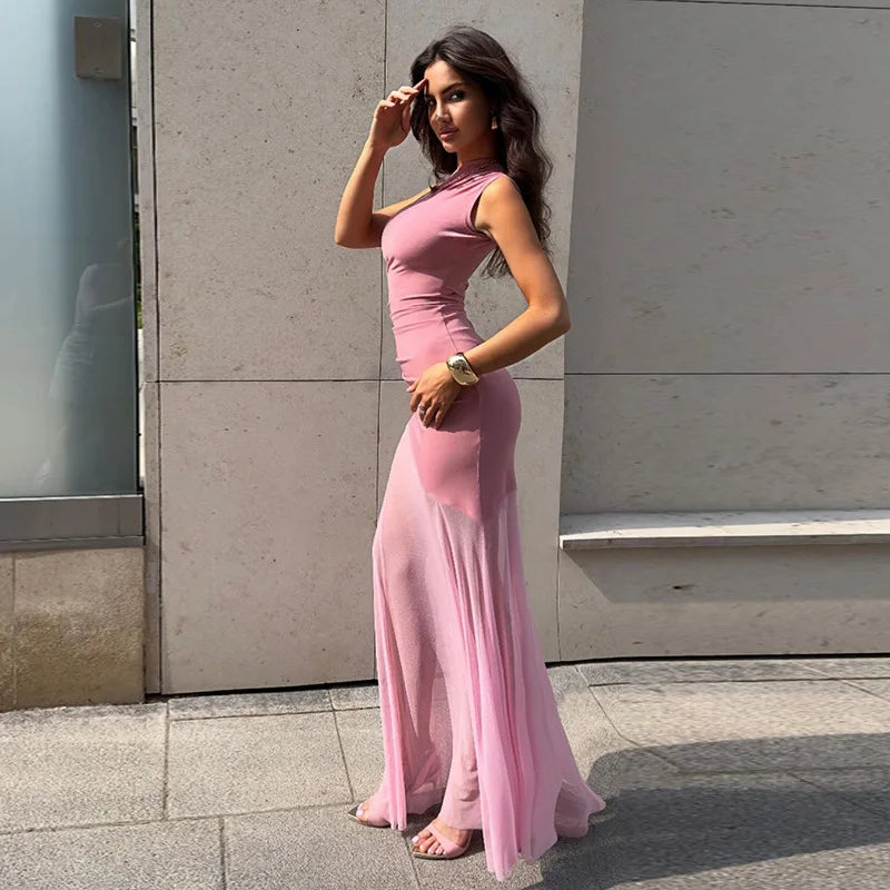 Ticketsx Off Shoulder See Through Dress Solid High Waist Patchwork Backless Slim Long Dress Women Vacation Party Evening Dresses