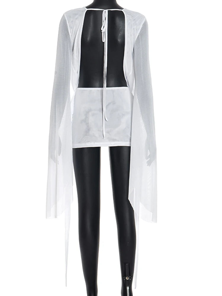 Flare-Sleeve Ruched Mesh Mini Dress