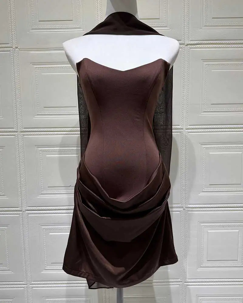 Red Strapless Corset Satin Mini Dress with Choker