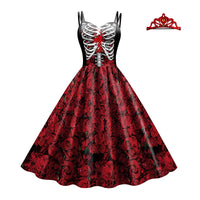 Women Halloween Skeleton Rose Dress Set Day of The Dead Cosplay Costume With Veil Crown Gloves For Carnival Party