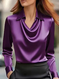 Satin V-Neck Blouse – Long Sleeve Loose Faux-Silk Shirt