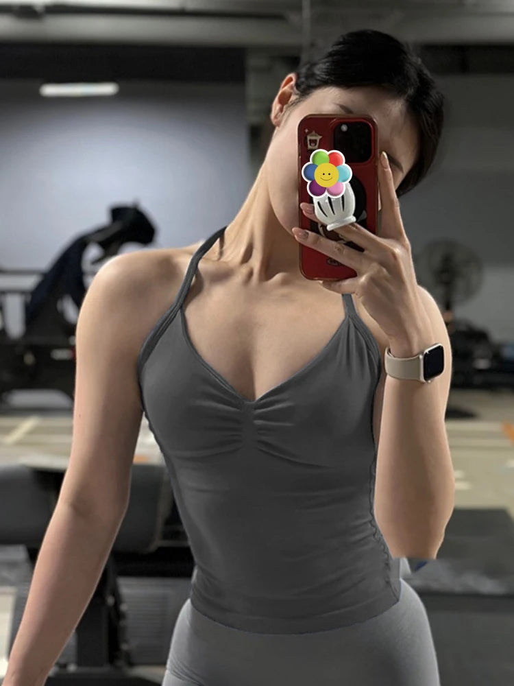 No Logo Seamless Longline Strappy Gym Top Backless Gym Clothes Women Scrunch Built-in Bra With Removable Cups Yoga Tank Tops