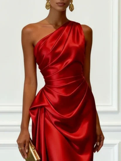 One-Shoulder Satin Ruched Midi Dress – Cocktail & Formal Dress