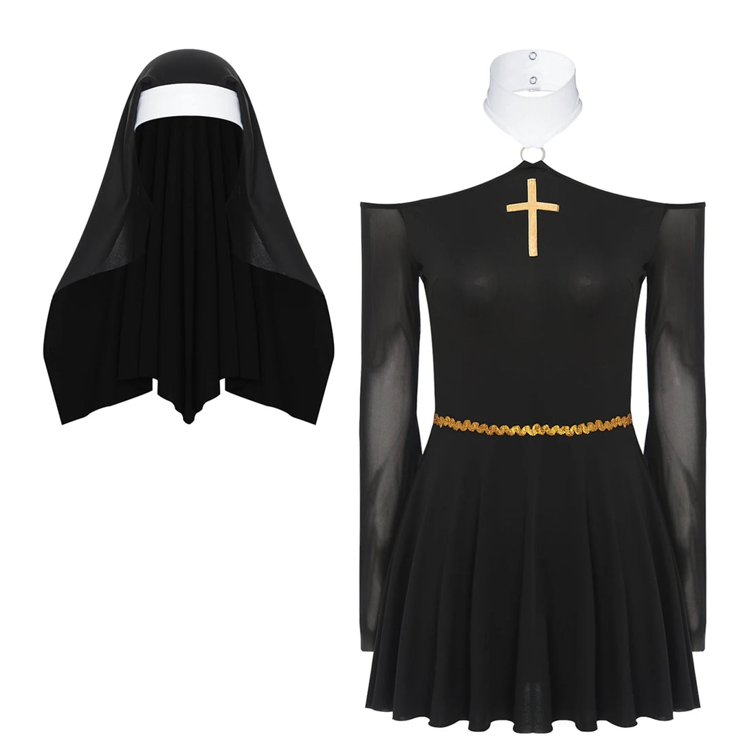 Womens Naughty Nun Evil Cosplay Costume And Coif O-ring Mesh Culottes Gothic Nun Maid Dress with Headscarf for Halloween Party