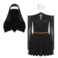 Womens Naughty Nun Evil Cosplay Costume And Coif O-ring Mesh Culottes Gothic Nun Maid Dress with Headscarf for Halloween Party