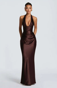Olive Satin Plunge Halter Maxi Gown – Green Evening Dress