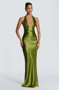 Olive Satin Plunge Halter Maxi Gown – Green Evening Dress