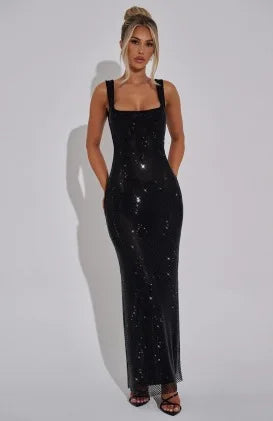 Square-Neck Mesh Sequin Mini Dress – Glitter Cocktail Dress